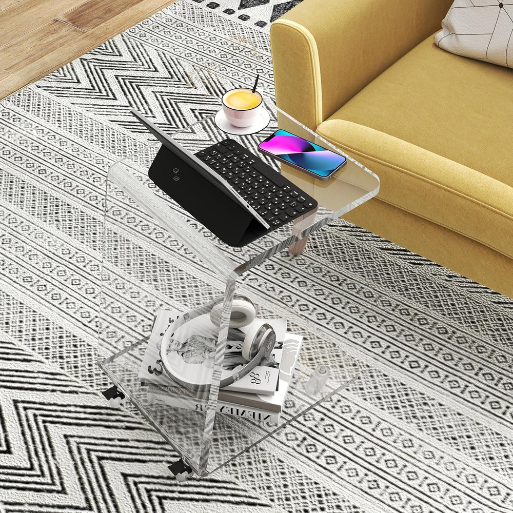 C Shaped Side Table for Sofa, Heavy Clear Acrylic Mobile End Table on Wheels,...