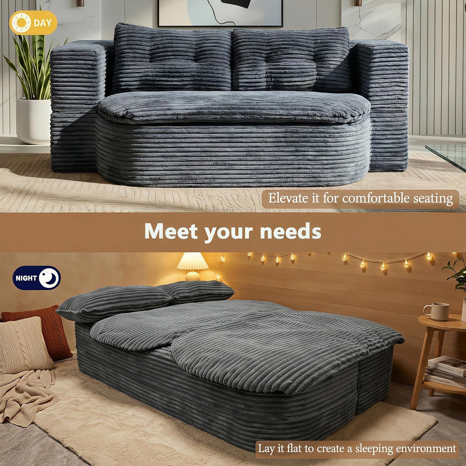 78.7" Futon Sofa Bed, Memory Foam Convertible Couch, Dark Gray | Sophisticated comfort with premium corduroy, one-flip conversion, built-in blanket, and ergonomic support