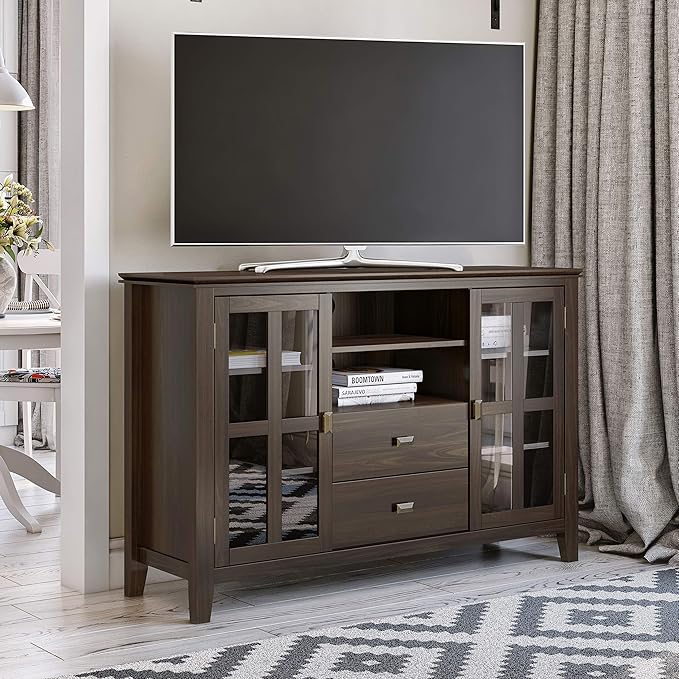 SIMPLIHOME Artisan TV Stand - 53 inch Wide Solid Wood Tall Media Console in Tobacco Brown, Contemporary Entertainment Center for Living Room for TVs up to 60 Inches with Drawers and Cable Management