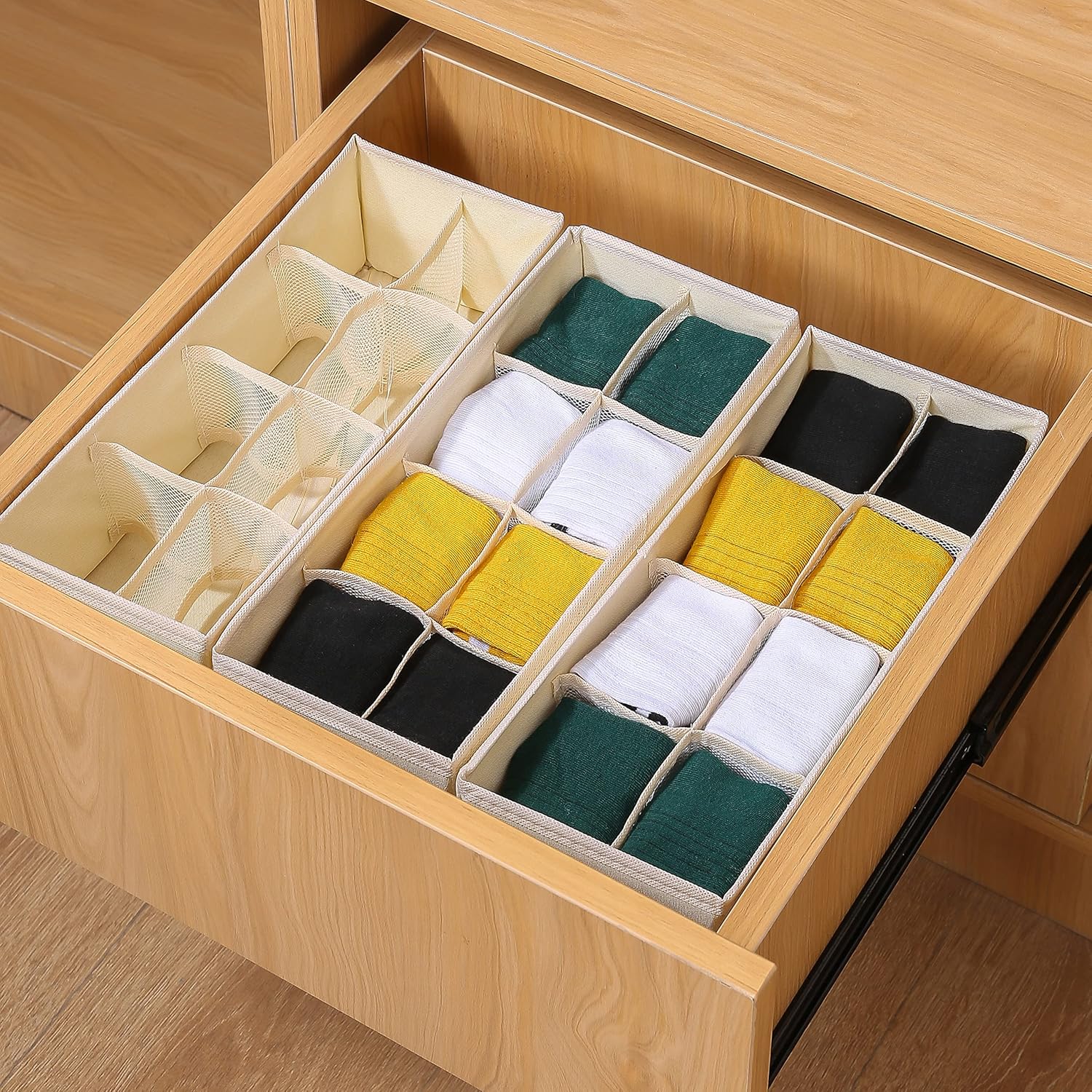 Qozary 3 Pack Sock Underwear Drawer Organizer Dividers, Collapsible Cabinet Closet Storage Boxes for Clothes, Socks, Lingerie, Underwear, Tie, Belt, Baby, Bedroom