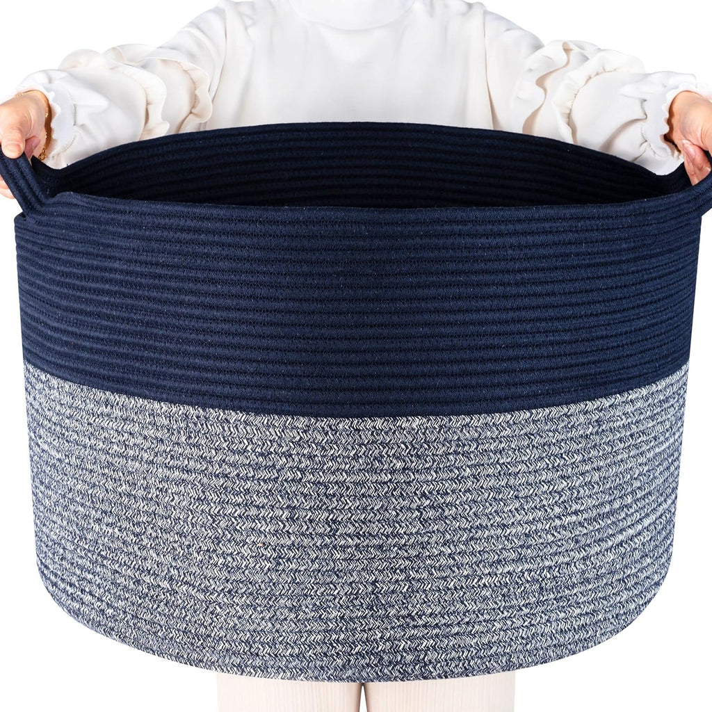 MINTWOOD Design Extra Large 22 x 14 Inches Decorative Woven Cotton Rope Blanket Storage Basket Bin Living Room with Handles and Laundry Hamper for Pillows, Pool Towels, Dog Toys, Shoes, Navy Blue