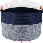 MINTWOOD Design Extra Large 22 x 14 Inches Decorative Woven Cotton Rope Blanket Storage Basket Bin Living Room with Handles and Laundry Hamper for Pillows, Pool Towels, Dog Toys, Shoes, Navy Blue