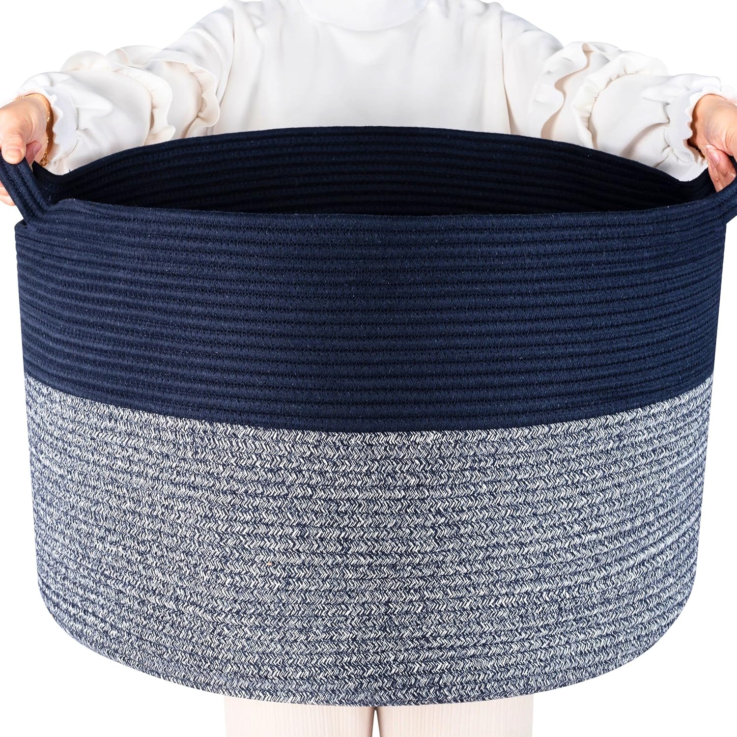 MINTWOOD Design Extra Large 22 x 14 Inches Decorative Woven Cotton Rope Blanket Storage Basket Bin Living Room with Handles and Laundry Hamper for Pillows, Pool Towels, Dog Toys, Shoes, Navy Blue