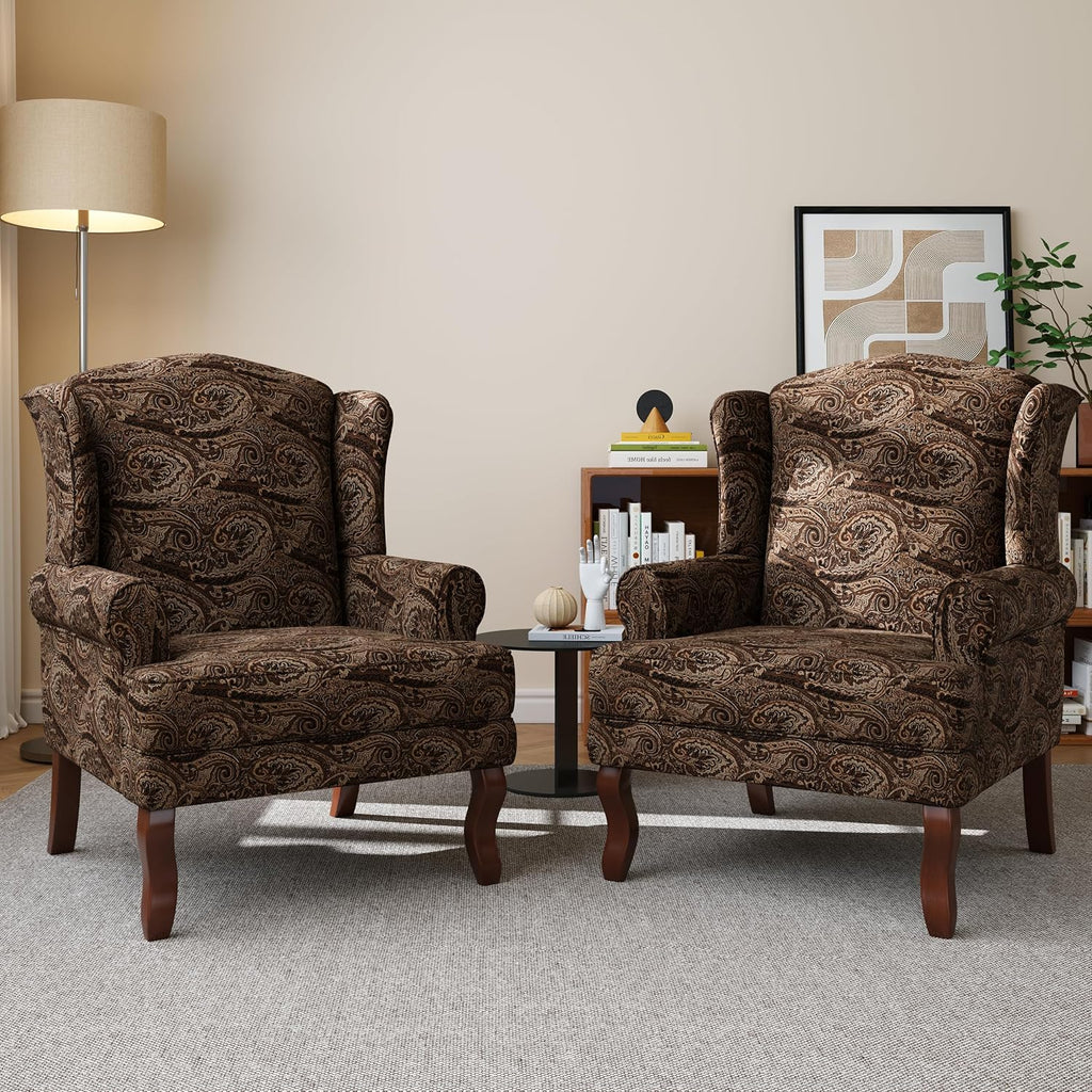 High Back Floral Accent Chairs Set of 2, Fabric Upholstered Armchair Retro Arm Club Chair for Living Room, Comfy Single Sofa Bedroom Reading Seat with Solid Wood Legs - Brown Cranberry