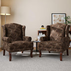 High Back Floral Accent Chairs Set of 2, Fabric Upholstered Armchair Retro Arm Club Chair for Living Room, Comfy Single Sofa Bedroom Reading Seat with Solid Wood Legs - Brown Cranberry