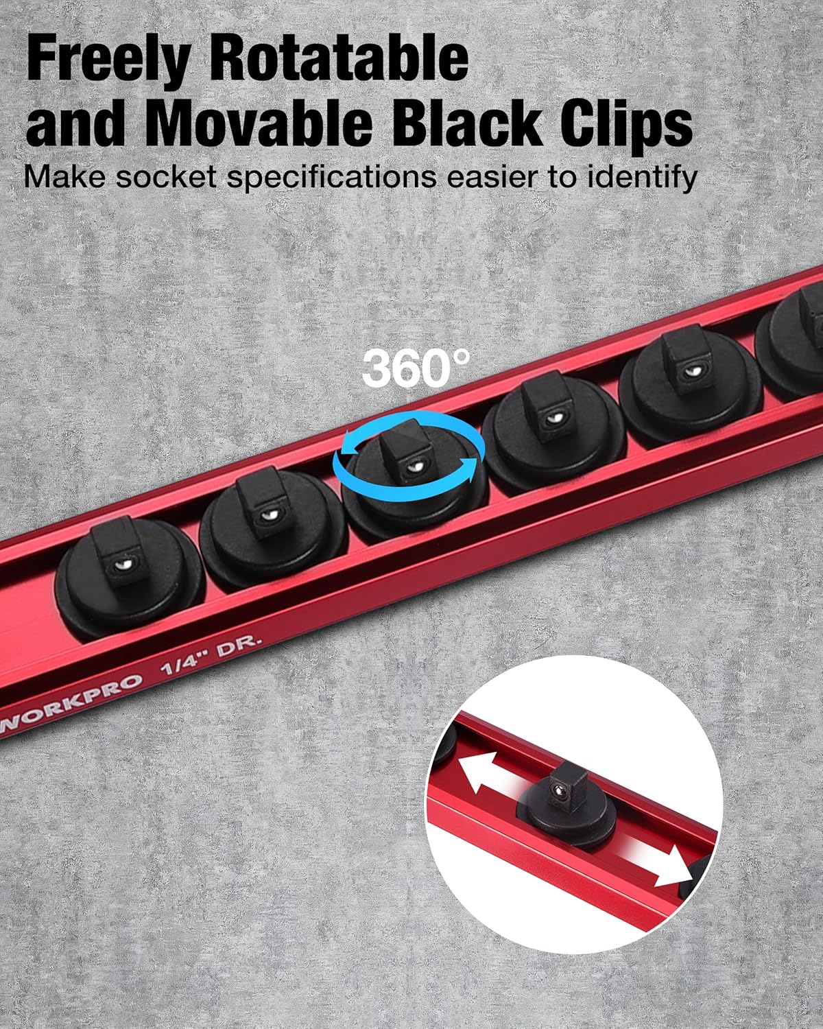 WORKPRO Magnetic Socket Organizer, 1/4" Drive Aluminum Alloy Socket Holder, Heavy Duty Socket Rail with 12 PC Removable Socket Clips, Socket Organizer Tray for Tool Box Drawer (Sockets Not Included)