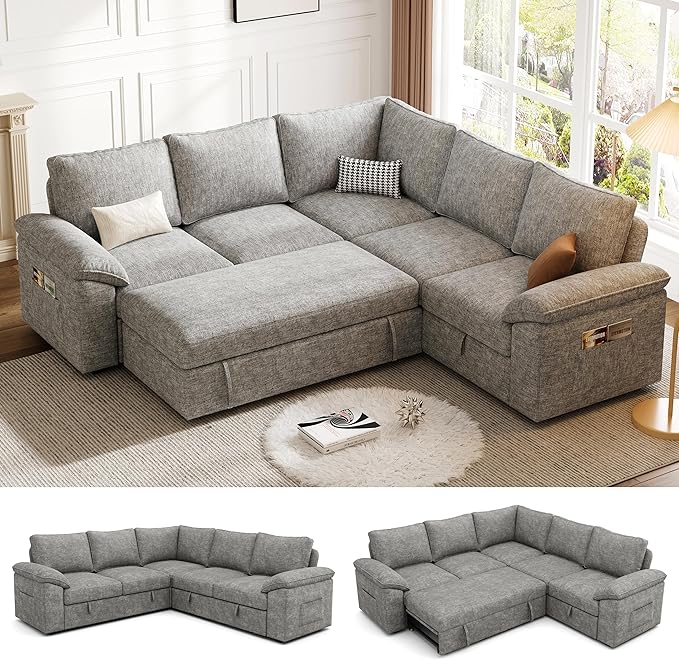 85 Inch Modular Sectional Sofa with Pull Out Bed, L Shaped 5 Seat Sectional Sleeper Sofa with Storage, Sectional Couches for Living Room, Cloud Modular Couch,Removable Sofa Cover,Light Grey