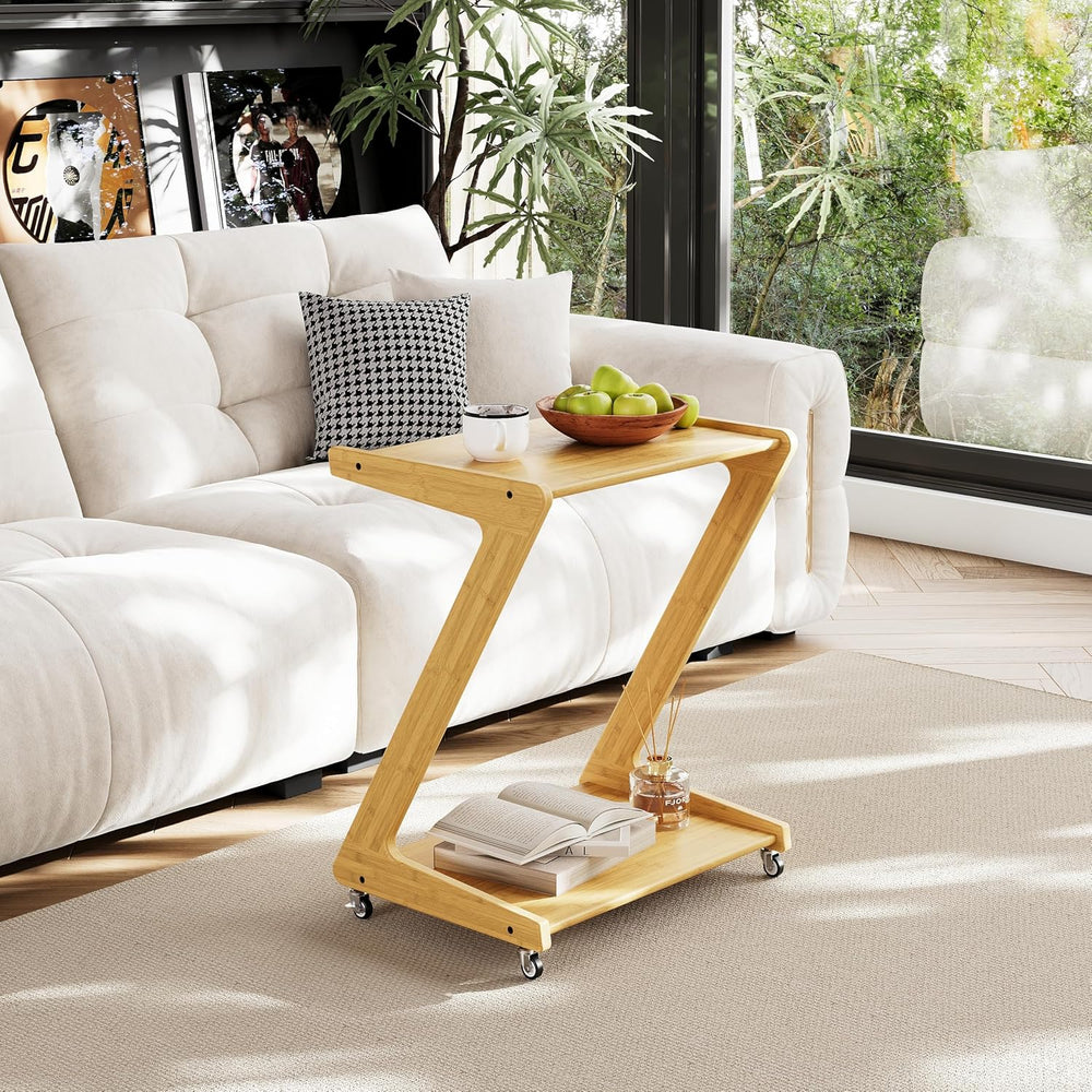ZIYOO Z-Shaped End Table with Wheels, Natural Bamboo Couch Side Table that Sl...