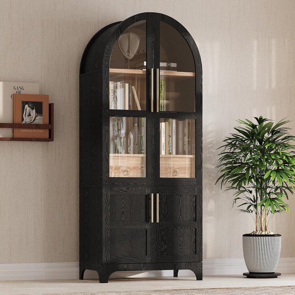 Arched Bookshelf Storage Cabinet with Glass Doors,71" Tall Kitchen Food ...