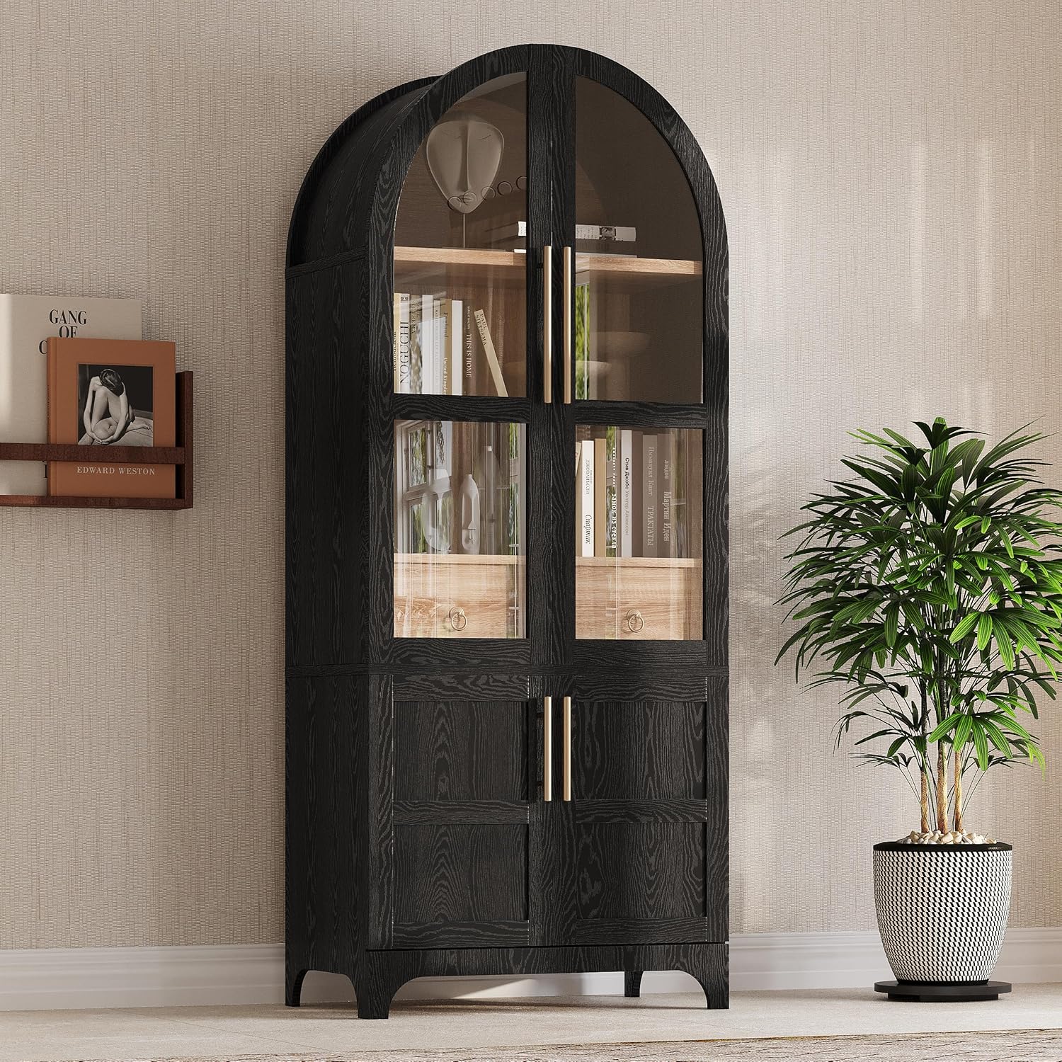 Arched Bookshelf Storage Cabinet with Glass Doors,71" Tall Kitchen Food Pantry Funiture with Adjustable Shelves,Farmhouse Pantry Cabinet with Hidden Drawer,Cupboard for Kitchen,Dining Room (Black)