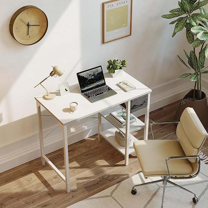 CubiCubi Computer Desk, 35 Inch Small Home Office Workstation with Drawer Storage Shelves for Small Space, Writing Study Desk, Warm White