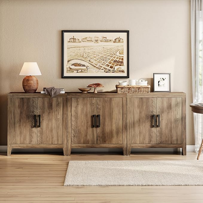 WAMPAT Farmhouse TV Stand for TVs up to 85 Inch, Rustic Wood Entertainment Center & Media Console with 6 Storage Doors, Accent Cabinet for Living Room, Hallway, Rustic Brown