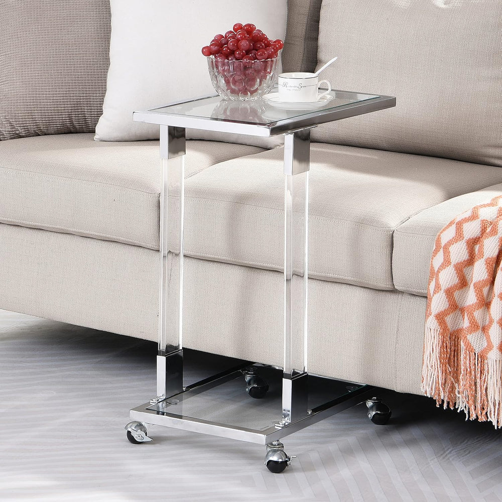 Acrylic Sofa Side Table C Shaped End Table with Wheels, Rolling Bedside Lapto...