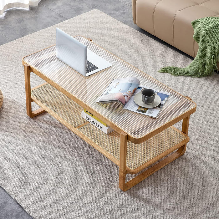 Rattan Coffee Table with Tempered Glass Top,Wood Coffee Table for Living Room,Glass Top with Imitation Rattan Storage Shelf, Rectangle Coffee Table for Living Room