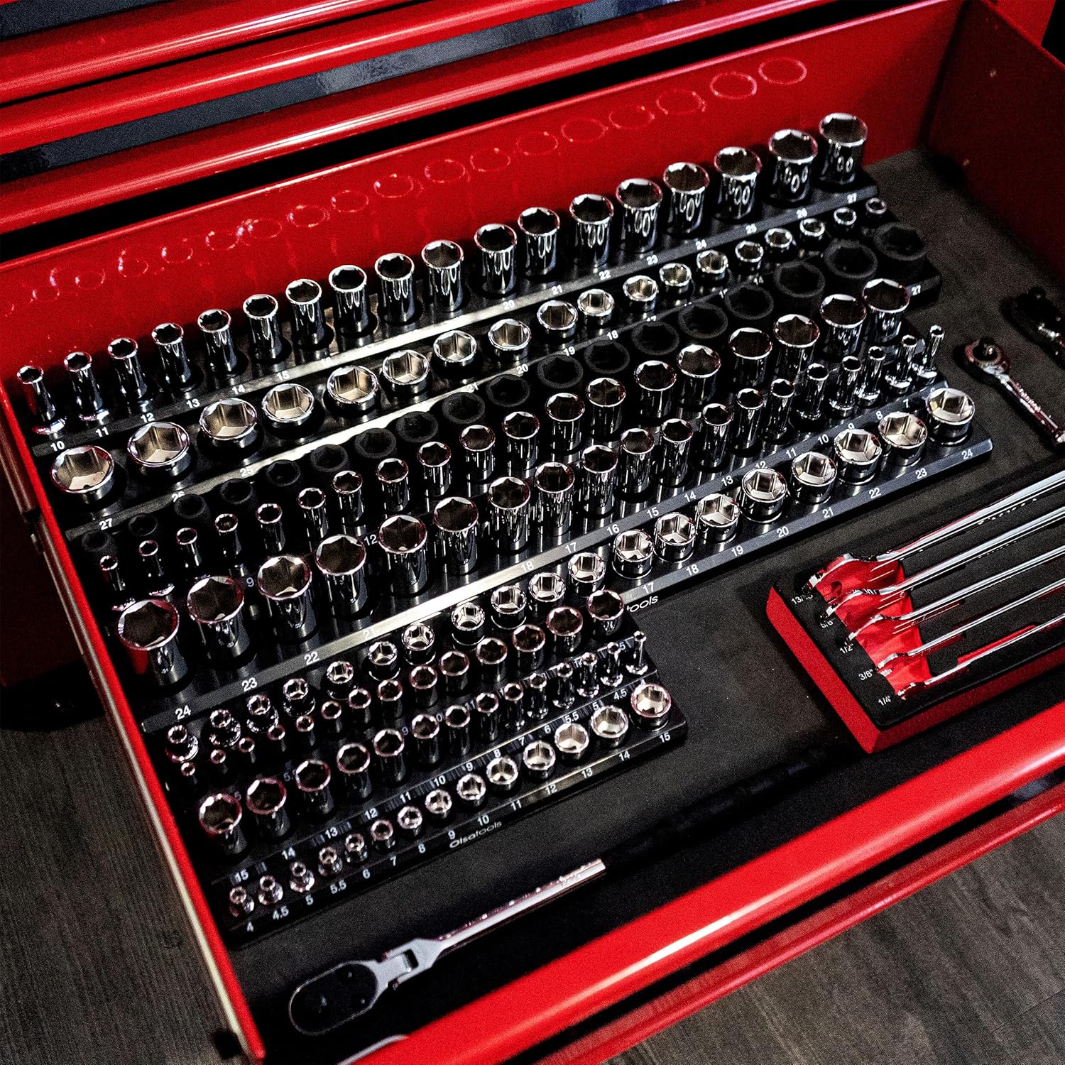 Olsa Tools Magnetic Socket Organizer (3/8-Inch Drive, 3 Row) - Magnetic Tool Organizer & Socket Holder - Tool Box Socket Organizers - Metric Black - Holds 54 Sockets - Professional Grade - Part: 1553