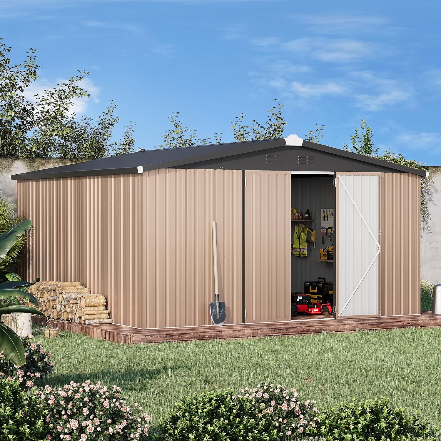 AECOJOY 12' x 12' Shed Metal, Outdoor Storage Sheds & Outdoor Storage 12' x 12' with Lockable Doors, Large Steel Yard Shed, Utility and Tool Storage for Garden, Backyard, Patio, Outside use in Grey