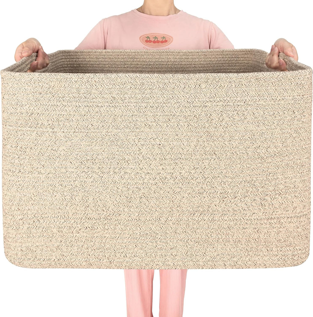 MINTWOOD Design 112L Extra Large Blanket Basket Holder Living Room, 25"x17"x16" Rectangle Rope Woven Storage Basket with Handles for Laundry, Towels, Shoes, Dog Toy Organizer Bin Box, Oatmeal Brown