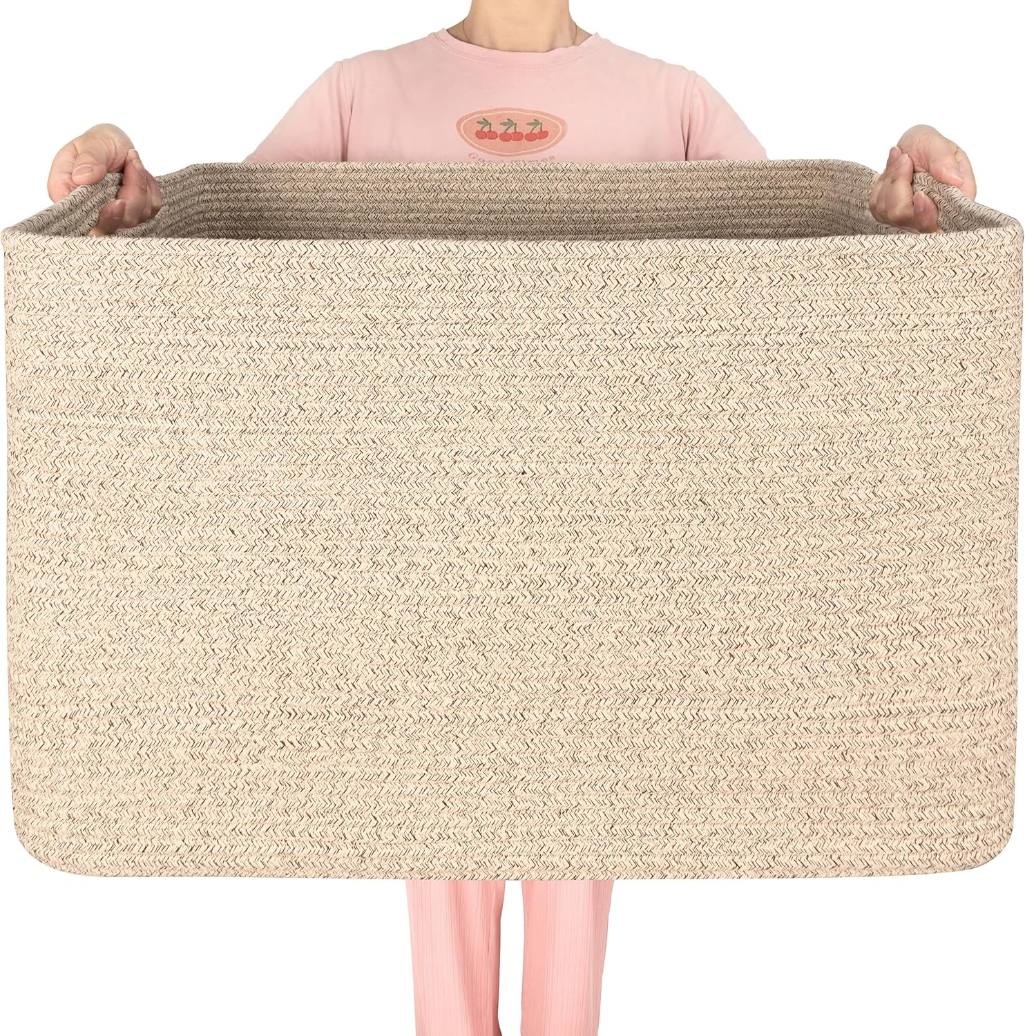 MINTWOOD Design 112L Extra Large Blanket Basket Holder Living Room, 25"x17"x16" Rectangle Rope Woven Storage Basket with Handles for Laundry, Towels, Shoes, Dog Toy Organizer Bin Box, Oatmeal Brown