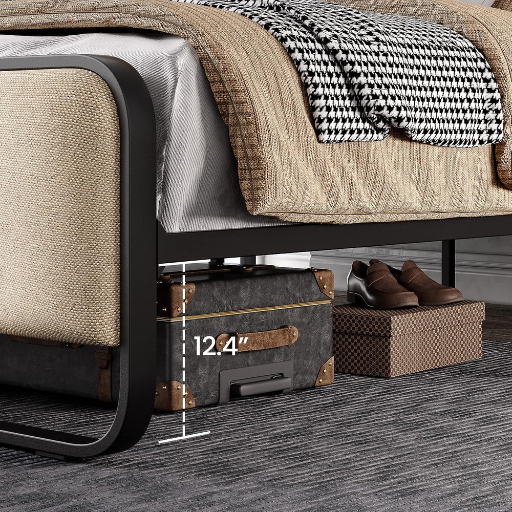 SHA CERLIN Full Size Metal Bed Frame with Upholstered Headboard, Beige