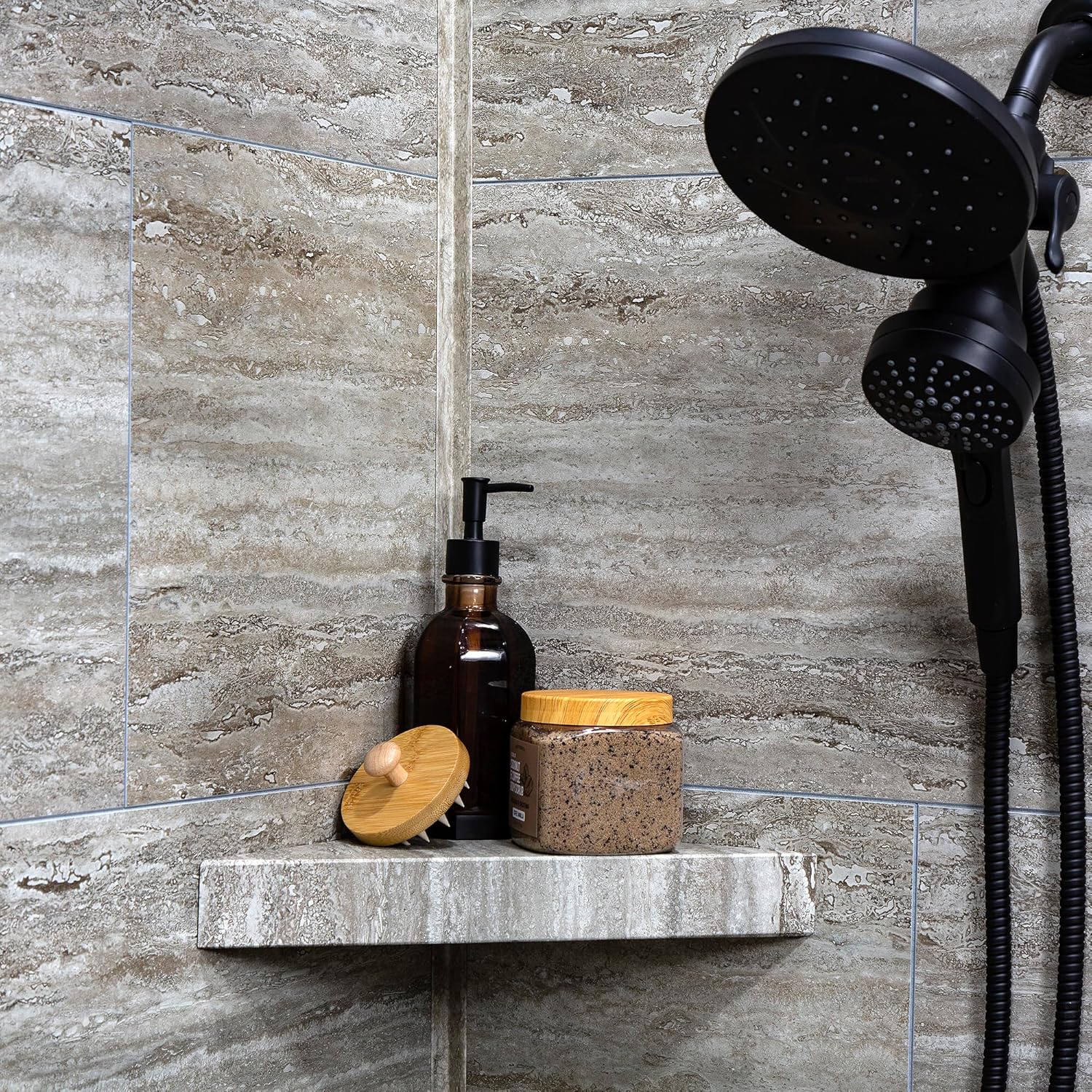 Palisade Vinyl Waterproof Corner Shower Shelf in Grecian Earth