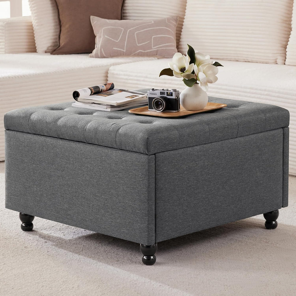 30" Large Square Ottoman with Storage, Fabric Ottoman Coffee Table, Grey...