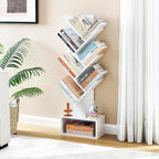 Hoctieon 6 Tier Tree Bookshelf, Tall Bookcase with Drawer, Freestanding Book Shelf, Display Floor Standing Storage Shelf, Book Organizer Shelves for Home Office, Living Room, Bedroom, White