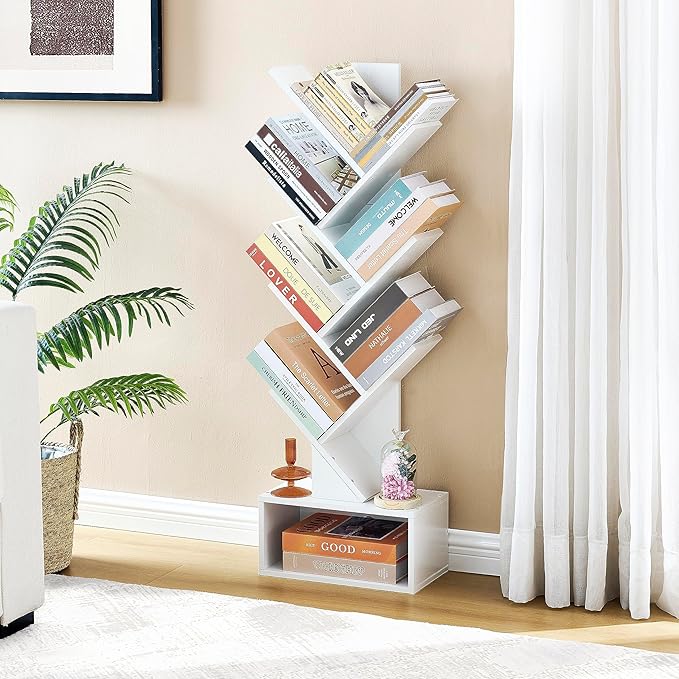 Hoctieon 6 Tier Tree Bookshelf, Tall Bookcase with Drawer, Freestanding Book Shelf, Display Floor Standing Storage Shelf, Book Organizer Shelves for Home Office, Living Room, Bedroom, White
