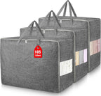 3Pack 105L Extra Large Storage Bags, Folding Comforter Blanket Storage Bags Closet Organizers and Storage Containers for Clothes with Strong Handles&Zippers Clear Window for Bedding Pillow Black