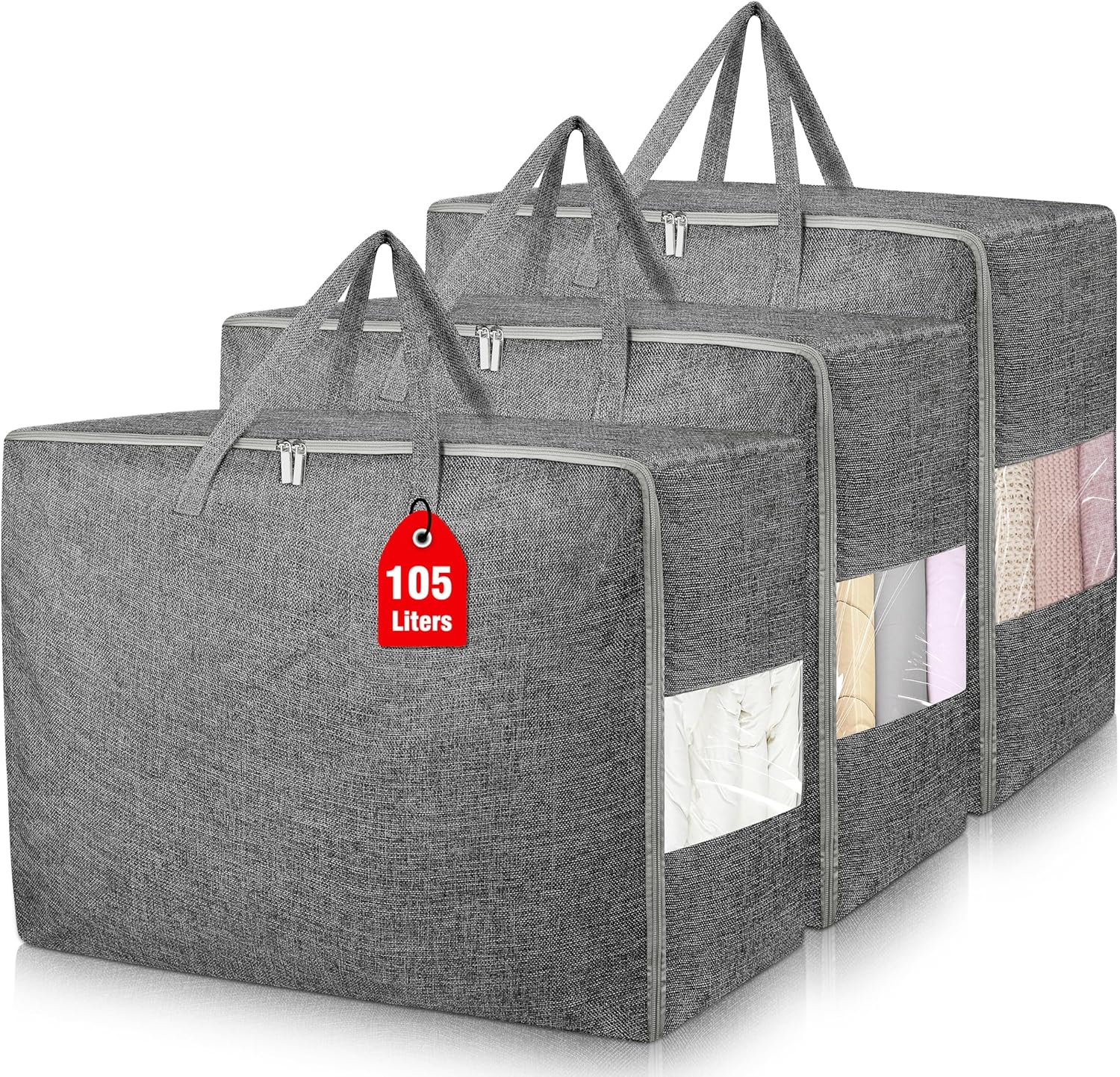 3Pack 105L Extra Large Storage Bags, Folding Comforter Blanket Storage Bags Closet Organizers and Storage Containers for Clothes with Strong Handles&Zippers Clear Window for Bedding Pillow Black