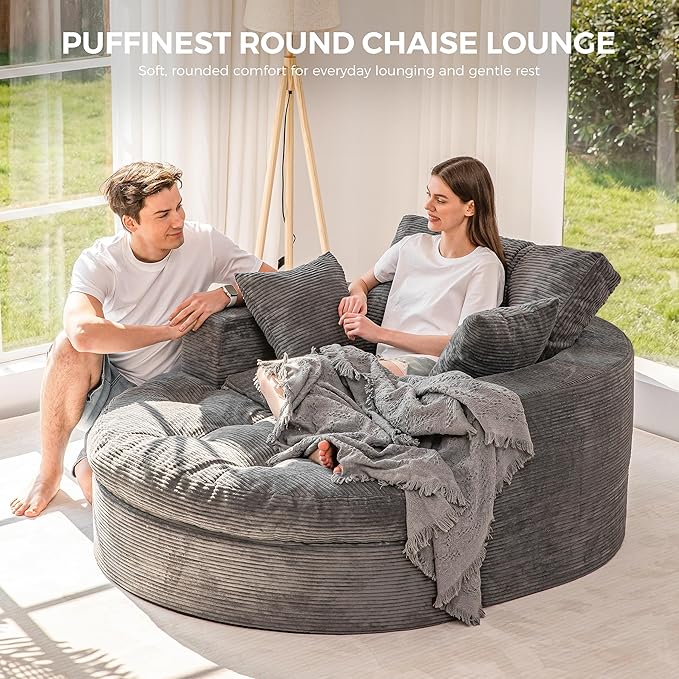 MAXYOYO Modular Sectional Chaise Lounge Sofa, Round Upholstered Lounge Chair with Ottoman, Comfy Couch with Layered Cushion, Tufted Sleeper Chair for Living Room, No Assembly, Dark Grey