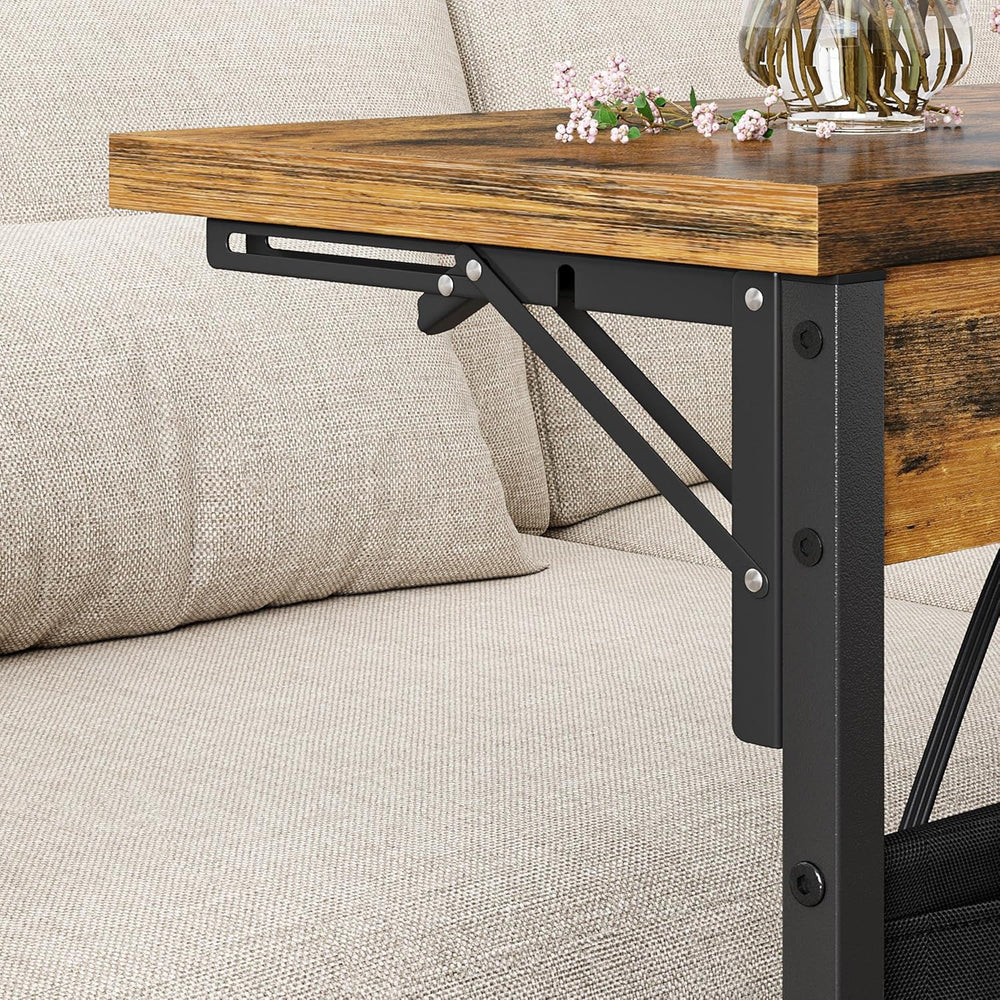 Foldable C-Shaped Table with Charging Station, Folding TV Tray End Table for ...