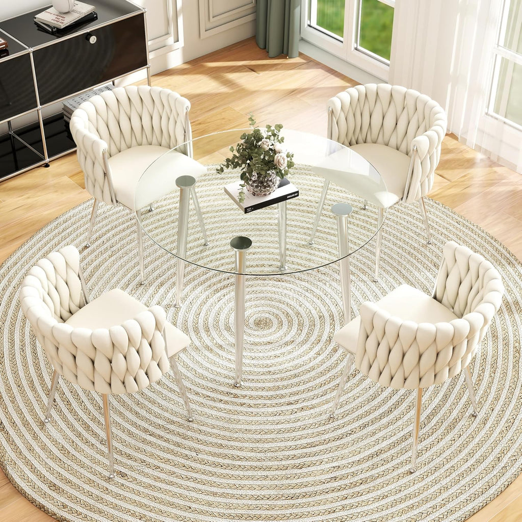 Silver Glass Round Dining Set for 4, 36'' Modern Minimalist Luxury Circle Dinner Room Set, 5 Piece Clear Glass Circular Kitchen Table with Ivory Woven Chair Set, for Small Apartment Home