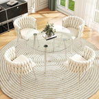 Silver Glass Round Dining Set for 4, 36'' Modern Minimalist Luxury Circle Dinner Room Set, 5 Piece Clear Glass Circular Kitchen Table with Ivory Woven Chair Set, for Small Apartment Home
