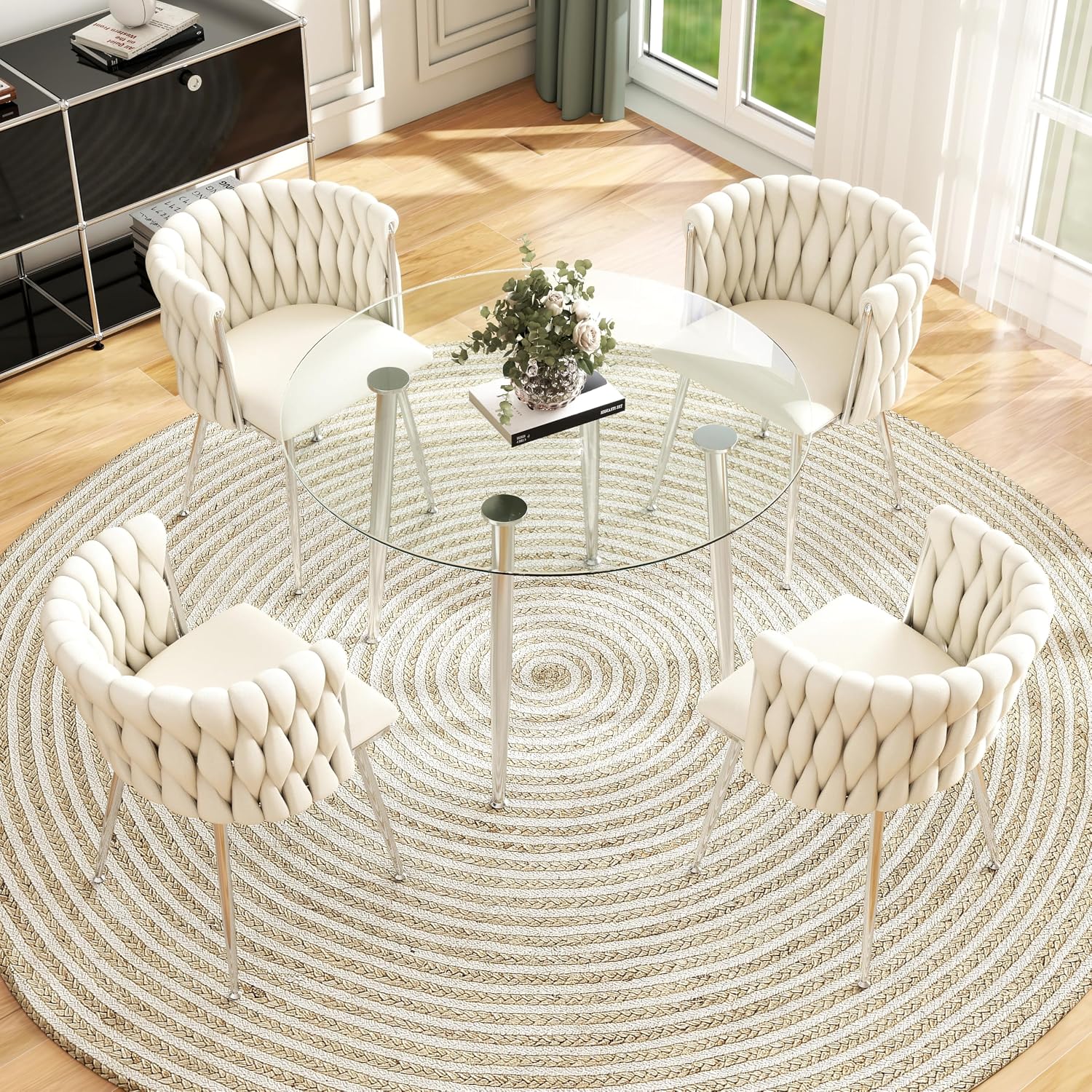 Silver Glass Round Dining Set for 4, 36'' Modern Minimalist Luxury Circle Dinner Room Set, 5 Piece Clear Glass Circular Kitchen Table with Ivory Woven Chair Set, for Small Apartment Home