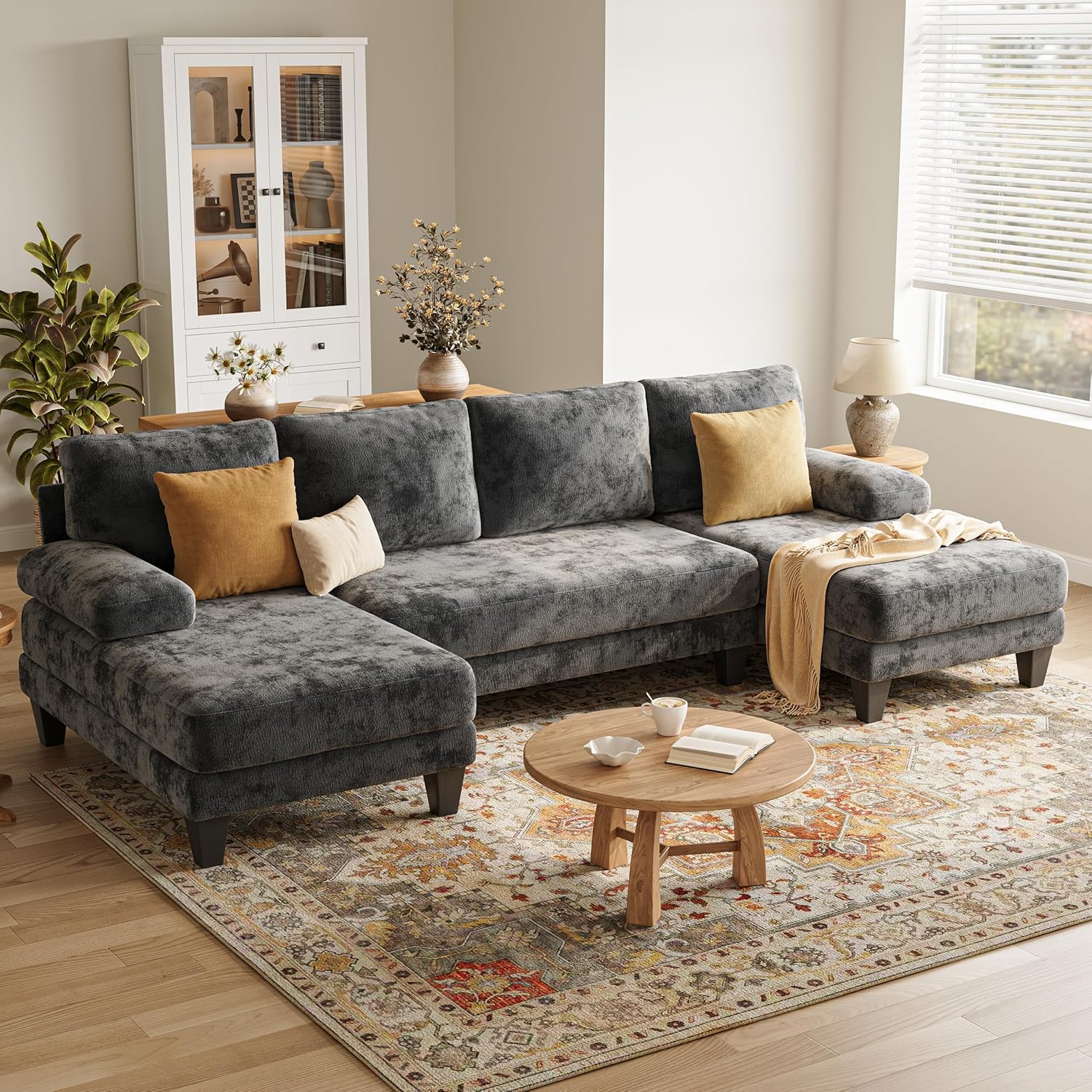 U-Shaped Sectional Couches for Living Room | 112 Inch Modern Sectional Couch | Dark Grey Chenille Sofa with Double Chaise for Apartment
