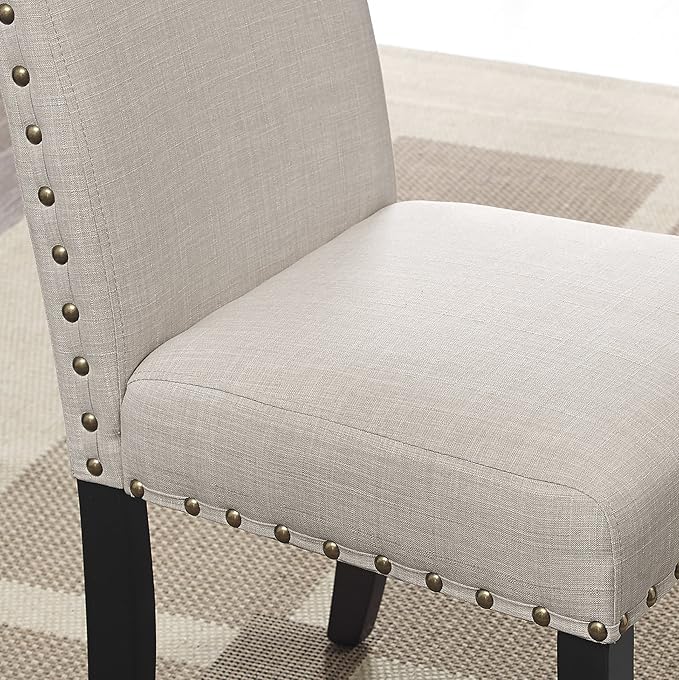 Roundhill Furniture Biony Tan Fabric Dining Chairs with Nailhead Trim, Set of 2, Brown, Tan