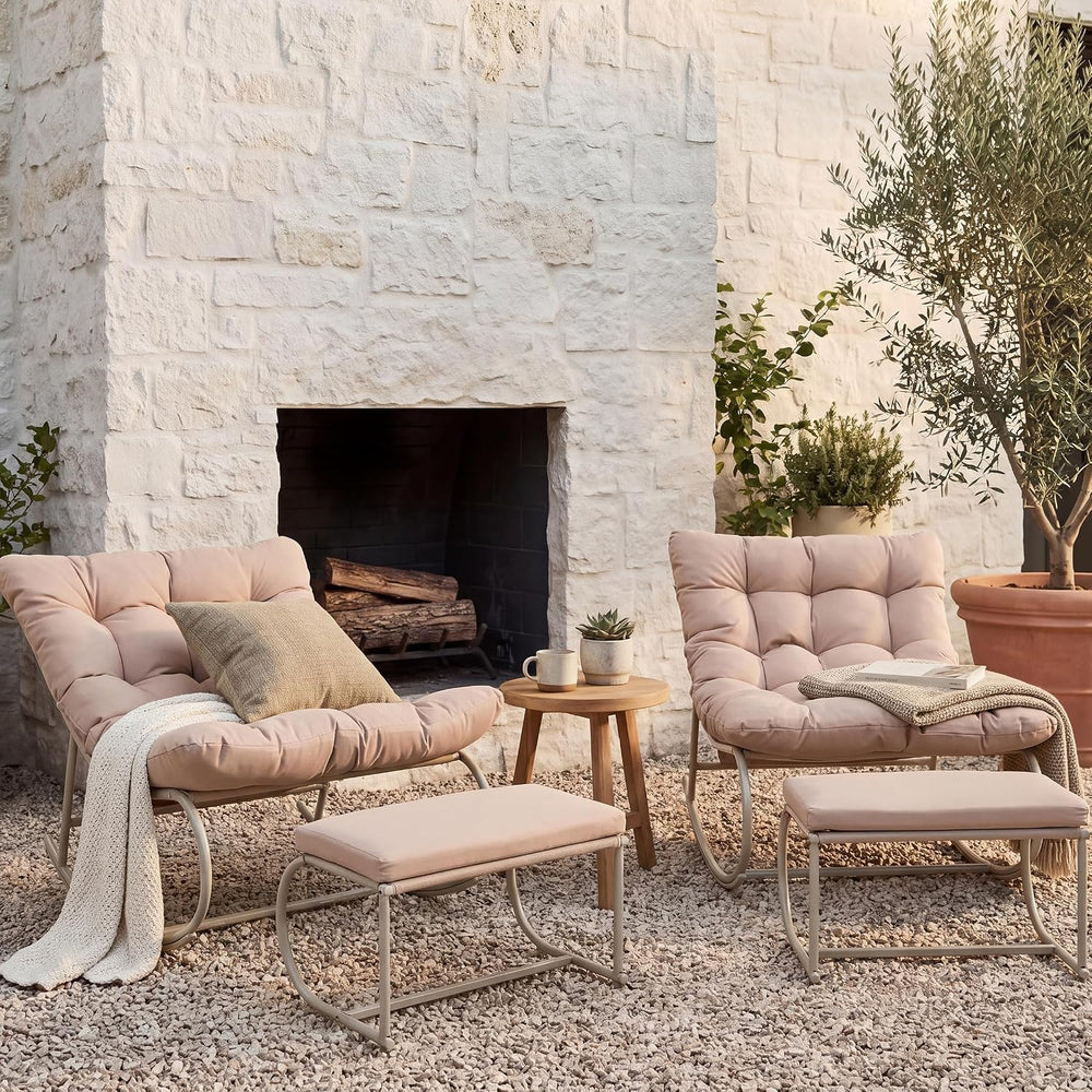 Double Papasan Rocking Chair Set of 2 with Ottoman, Khaki