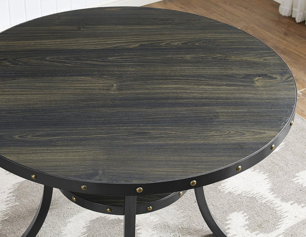 Roundhill Furniture Biony Espresso Wood Dining Set with 4 Fabric Nailhead Cha...