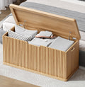Akxomel 37.4" Fluted Storage Chest Wooden Storage Trunk 2 Safety Hinges Oak | Storage Chest with 2 Safety Hinges & Lift Top, Wooden Box Bench with Curved Profile, for Living Room, Entryway, Bedroom