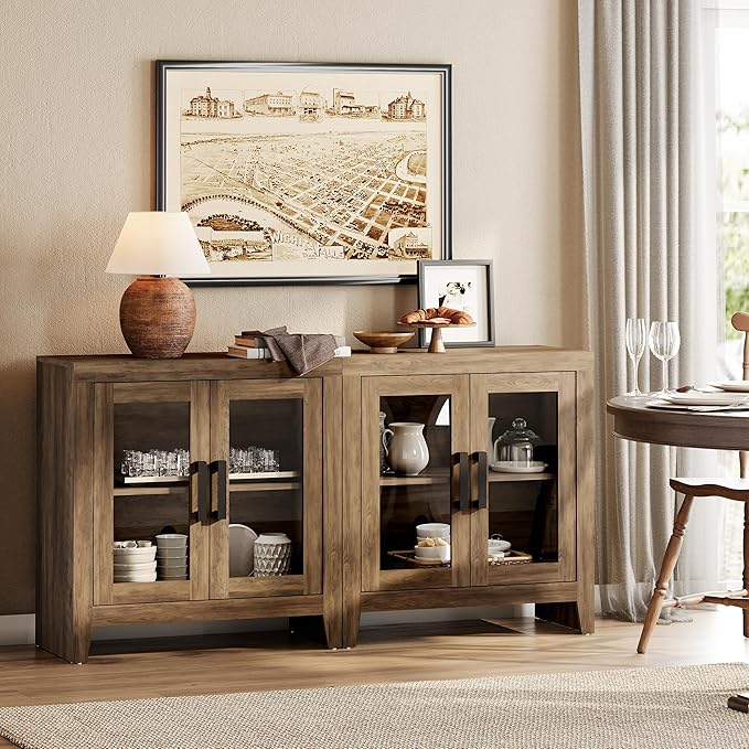 WAMPAT Farmhouse TV Stand for TVs up to 65”, Rustic Wood Entertainment Center with Adjustable Shelf, Glass Doors & Storage, Media Console Cabinet for Living-Room, Bedroom, Brown