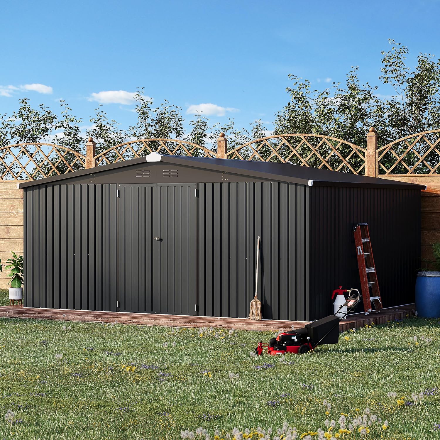 AECOJOY Shed 12' x 14' Storage Shed, Outdoor Metal Storage Sheds & Outdoor Storage 14x12 with Lockable Doors, Large Steel Yard Shed, Utility Tool Storage for Garden, Patio, Outside use in Dark Grey