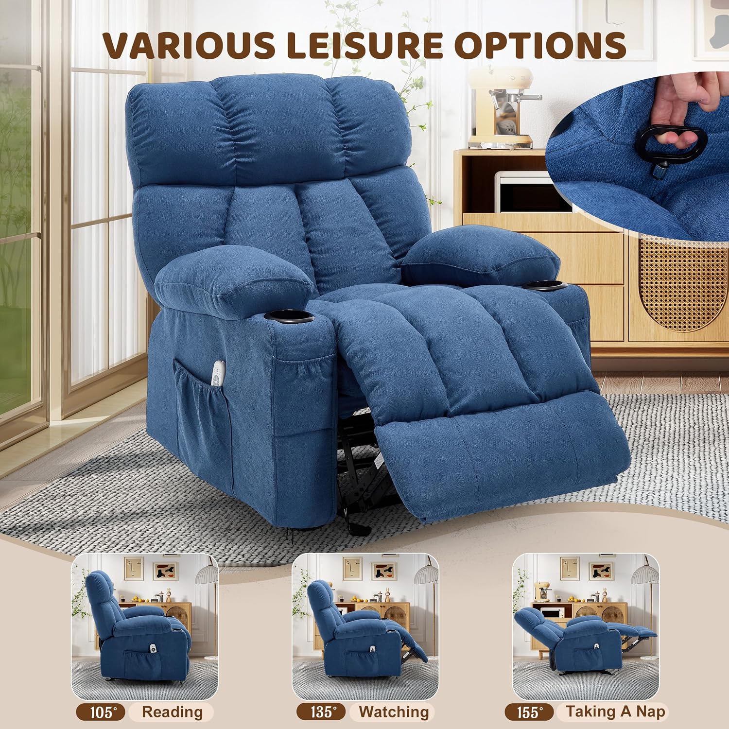 Massage Rocker Recliner Chair for Living Room, Vibration Massage Heat,Blue | USB Charge Port, 4 Pockets, 2 Cup Holders, Ergonomic Comfy Recliners, Sofa Chair, Reading & Bedroom Chair