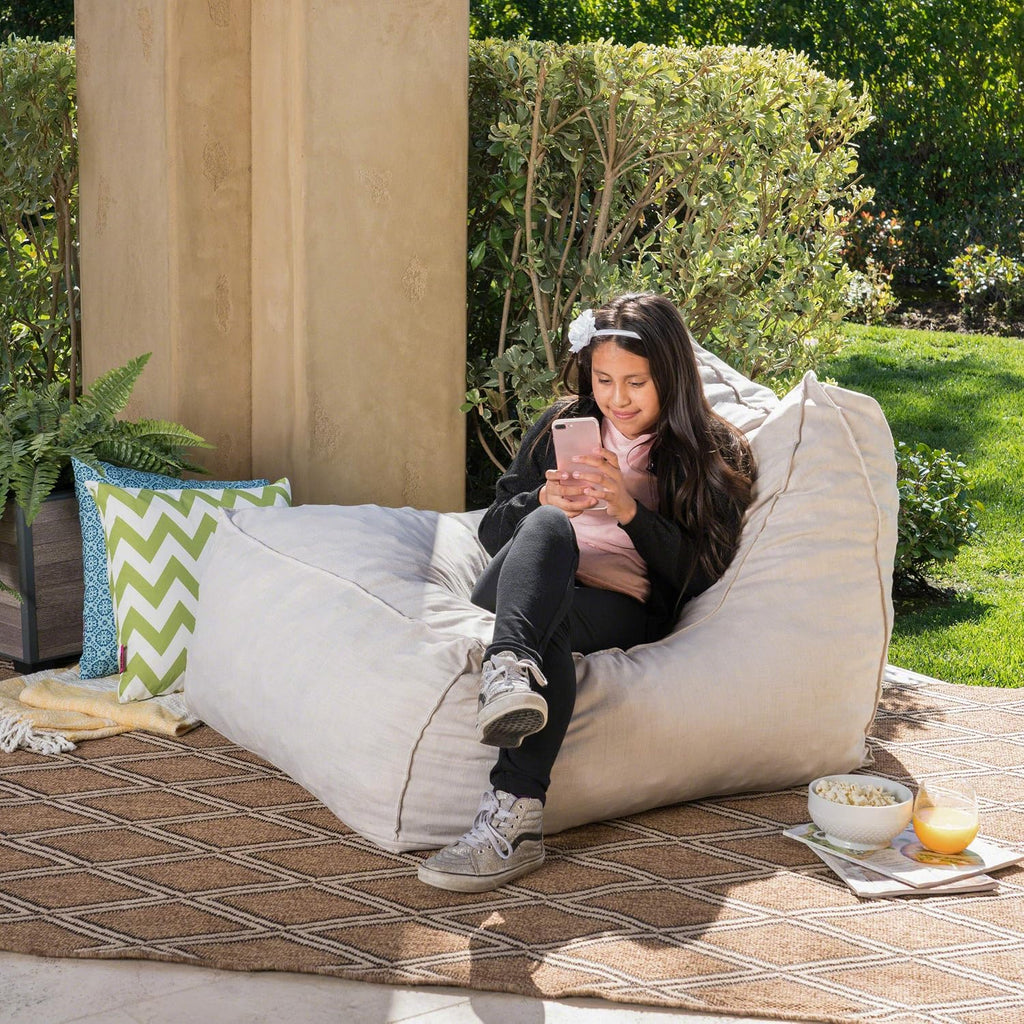 Great Deal Furniture GDFStudio Tulum Outdoor Khaki Water Resistant Fabric Bean Bag Lounger