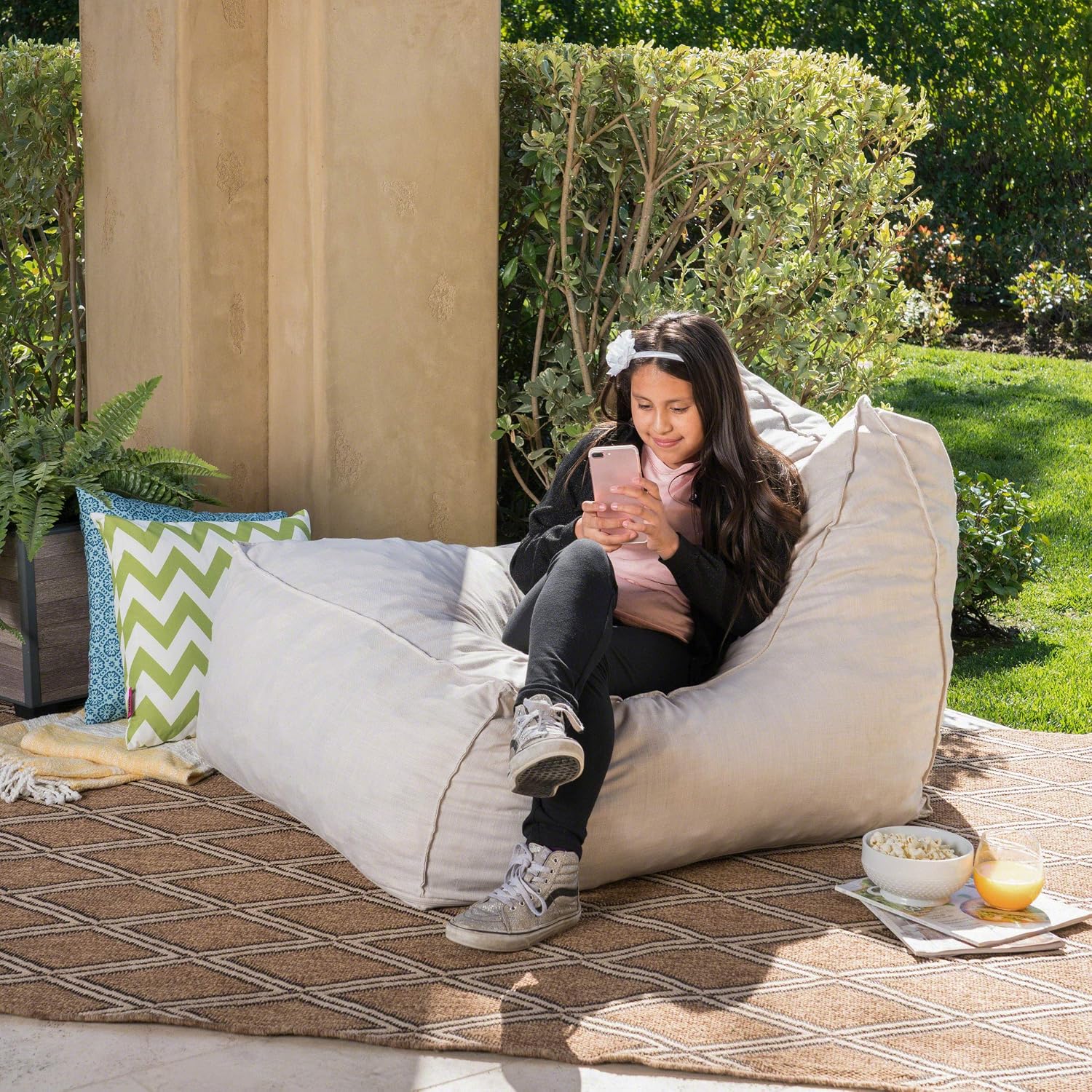 Great Deal Furniture GDFStudio Tulum Outdoor Khaki Water Resistant Fabric Bean Bag Lounger