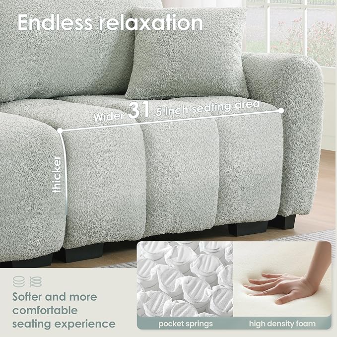 Ball & Cast Modular Sectional Sofa W/Movable Ottoman and 2 Lumbar Pillows,4 Seater L Shaped Couch W/Deep Seat&Pull-line Design,Boucle Fabric Upholstered Sofa for Living Room,Apartment,Light Green,110"