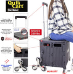 dbest products Quik Cart Stair Climber Wheeled Rolling Crate Teacher Utility with seat Heavy Duty Collapsible Basket with Handle, 18" D x 17" W x 39" H, Black