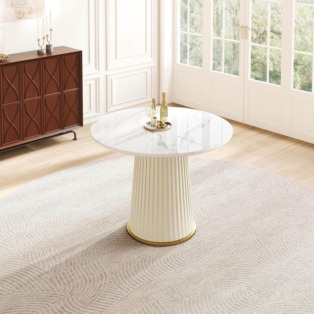 Round Dining Table with Marble Grain Top for 4-6 People,35.43 Inches Dining R...