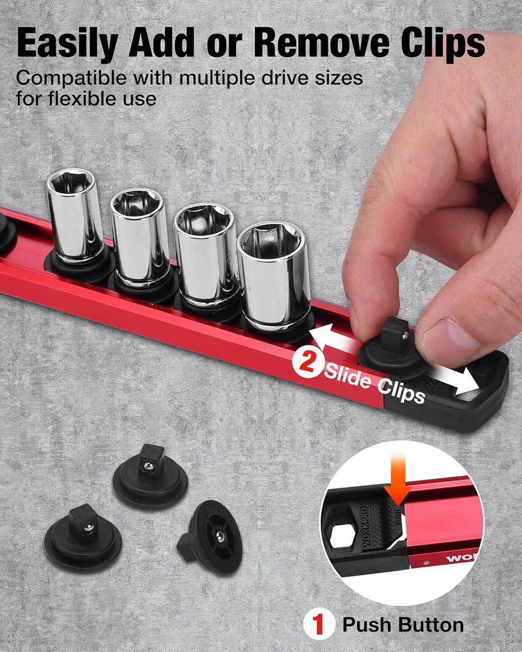 WORKPRO Magnetic Socket Organizer Set, 1/2" 3/8" 1/4" Drive Aluminum Alloy Socket Holder, 3PC Socket Rail with Removable Socket Clips, Socket Organizer Tray for Tool Box Drawer (Sockets Not Included)