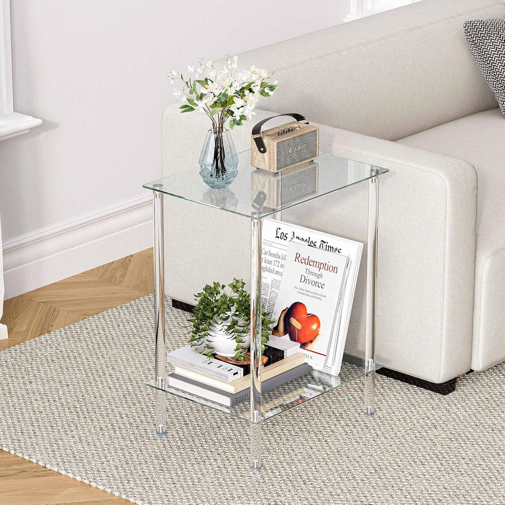 Tempered Glass Side Table, Acrylic End Table, 2-Tier Transparent Nightstand, ...