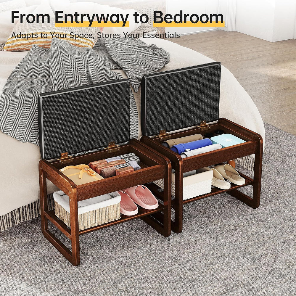 Shoe Rack Bench with Flip-Top Storage, Rubberwood 2-Tier Shoe Organizer with ...